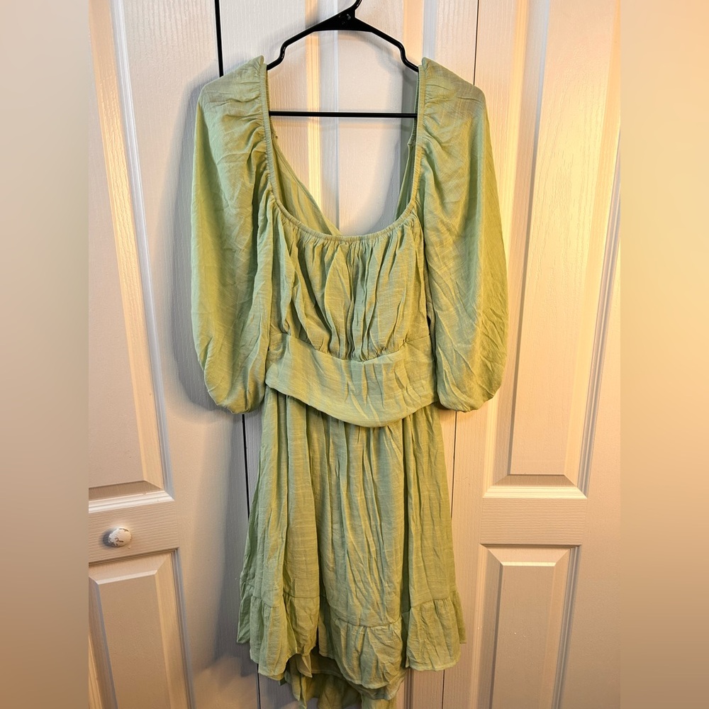 Unbranded‎ Women’s Sage Green Puff Sleeve Cut Out Tie Back Peasant Dress 2XL